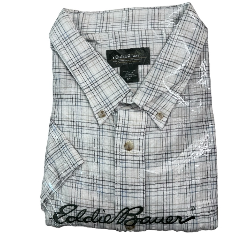 Eddie Bauer Men’s Short Sleeve Button Down Seersucker Plaid Cotton Shirt XXL 2XL